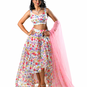 FireFit Single Exclusive Designer Piece, Floral Ethno-Western Co-Ord Set for Women – Crop Top with Layered High-Low Skirt | Elegant Party & Day Wear Outfit