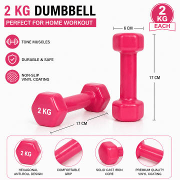 FireFit 2 KG Dumbbells Set (Pair) | Vinyl Coated Hex Dumbbells | Non-Slip Grip Hand Weights | Home Gym Fitness Equipment for Strength Training