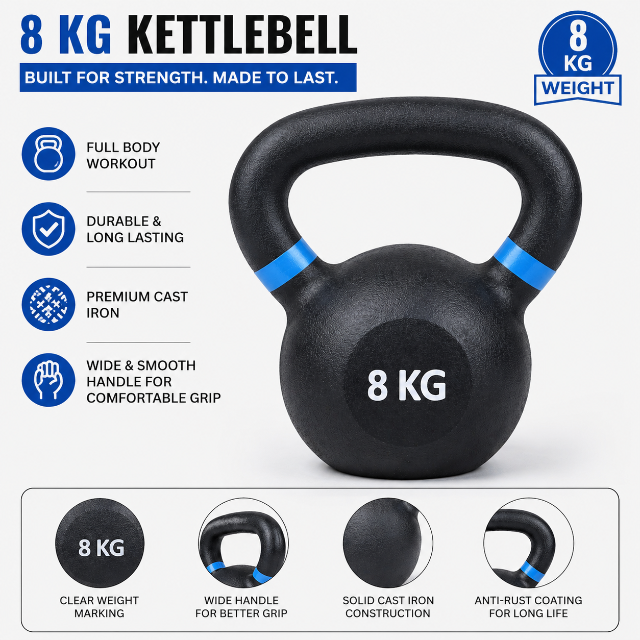FireFit 8 KG Cast Iron Kettlebell – Double Powder Coated, Non-Slip Grip Weight for Strength Training, Home Gym, Fitness & Workout