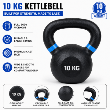 FireFit 10 KG Cast Iron Kettlebell – Double Powder Coated, Non-Slip Grip Weight for Strength Training, Home Gym, Fitness & Workout