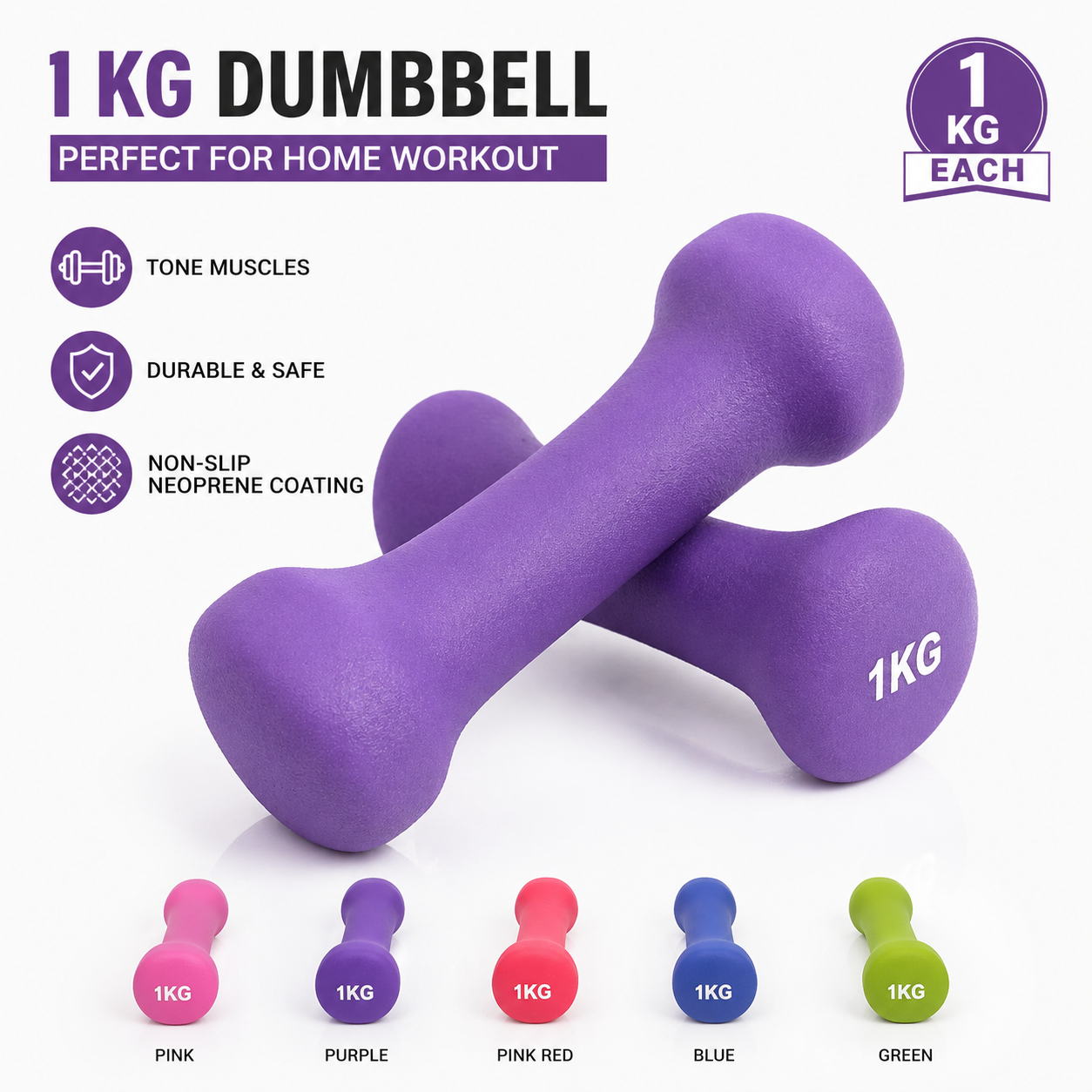 FireFit Neoprene Dumbbells 1 KG (Pair) | Non-Slip Grip Hand Weights | Home Gym Fitness Equipment for Women & Men | Strength Training & Toning